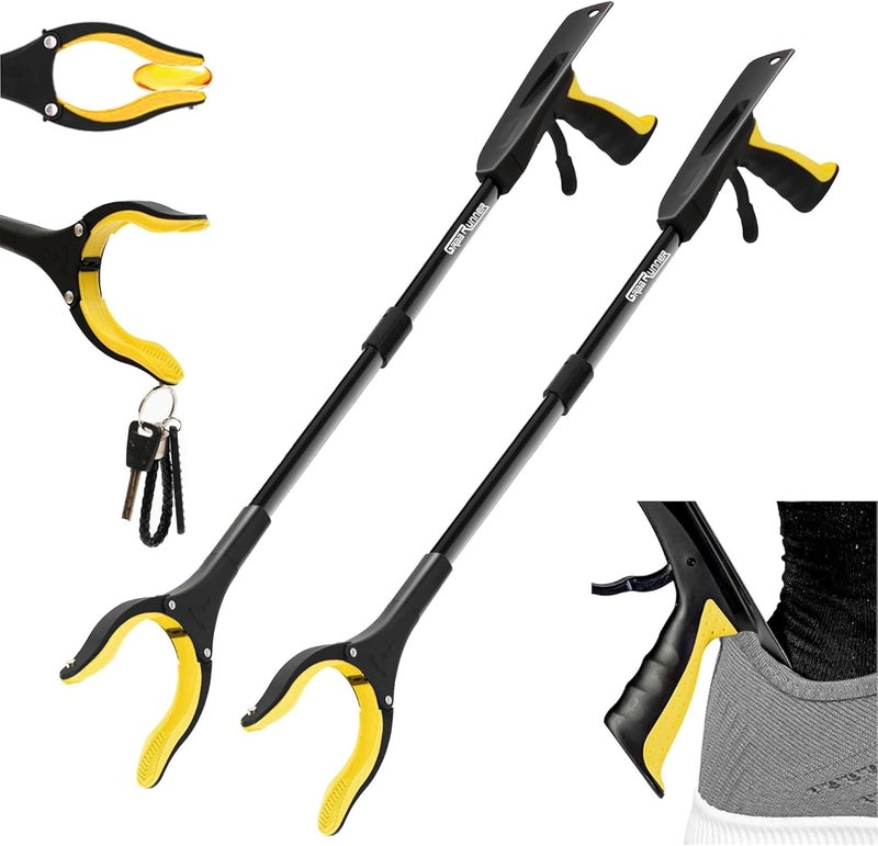 GrabRunner 2 Pack 32 inch FDA Registered Folding Reacher Grabber Tool with Strong Magnetic and Swivel Head &Shoehorn (Yellow Yellow) - Image 1